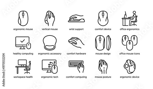 Ergonomic mouse icons set for office comfort and workspace health