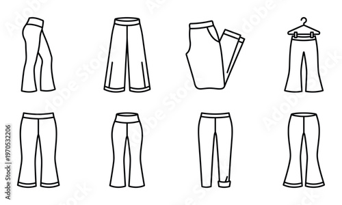 Set of eight black outline icons of women's pants with various styles