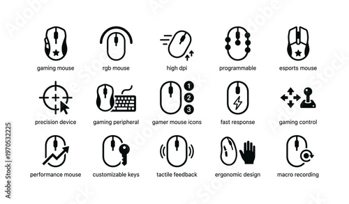 Gaming mouse icons: precision, rgb, programmable, fast response, ergonomic design