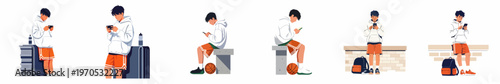 Flat vector illustration set of a teenage boy in a white hoodie and orange shorts using his smartphone in various lifestyle and travel scenarios.