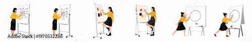 Set of illustrations showing a professional woman drawing diagrams, flowcharts, and geometric shapes on whiteboards and flipcharts for business presentations.