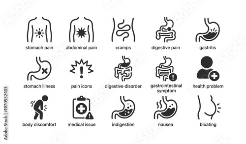 Digestive health icons set: symptoms and medical issues illustration