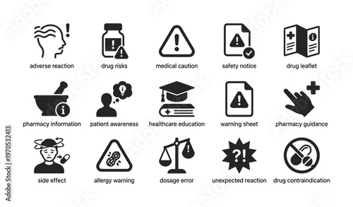 Medical icons highlighting drug risks and safety notices