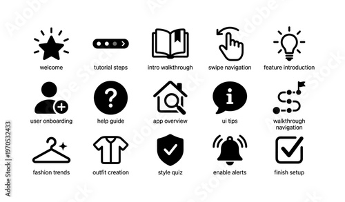 App interface icons for user onboarding and navigation guide
