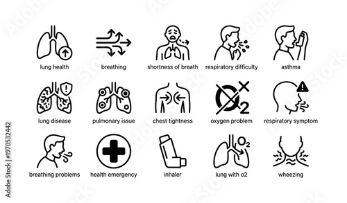 Lung health icons: breathing, respiratory issues, asthma, inhaler, oxygen