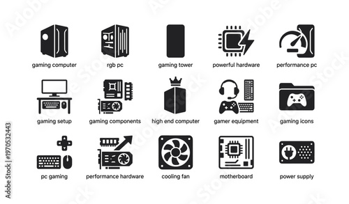 Gaming components and accessories icons: powerful hardware for pc setup
