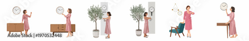 Illustrations of a woman in pink dresses and robes checking her watch and wall clocks in various home and office interior settings.