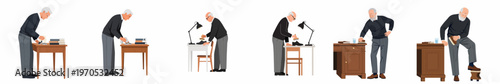 Flat vector illustrations of an elderly man performing daily chores such as polishing his shoes and cleaning a desk.