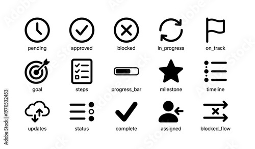 Project management icons: checklist, progress bar, timeline, status, updates