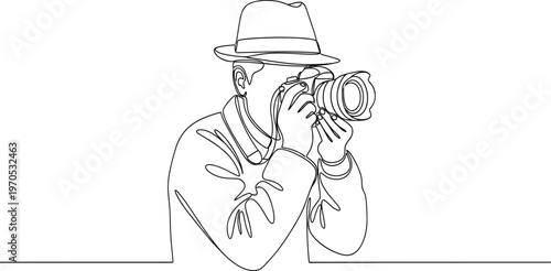 Minimalist Line Drawing of a Photographer Capturing an Image with a Camera, Ideal for Photography and Creative Project