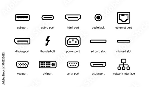 Various computer port and connector icons set