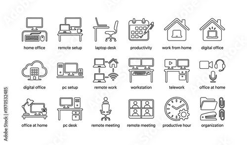 Home office icons collection for remote work and productivity setup