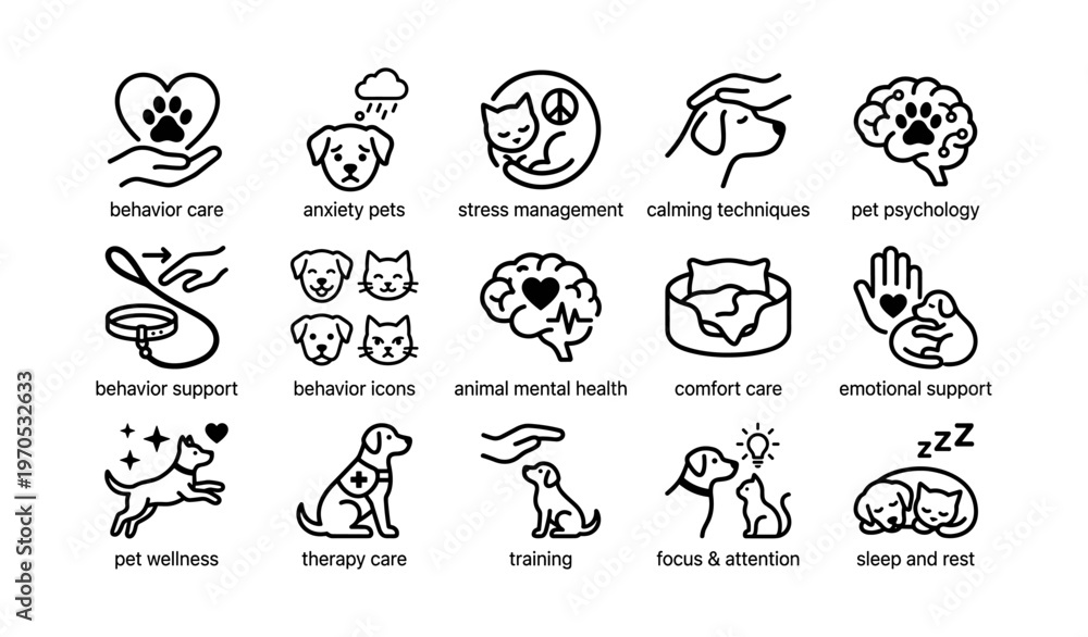 Fototapeta premium Pet care icons: behavior, anxiety, therapy, wellness, comfort