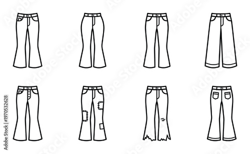 Set of flared jeans and bell bottom pants icons, linear style, black outline isolated on transparent background