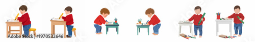 Set of illustrations depicting toddlers engaged in drawing and writing activities at small desks, featuring boys in red sweaters and blue jeans.