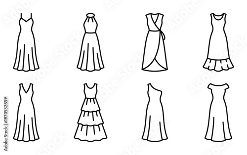 Set of eight women's long dresses in various elegant styles for formal occasions