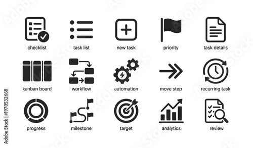 Task management icons: checklist, workflow, automation, analytics, priority