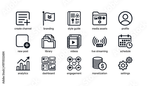 Social media content management icons for branding and analytics