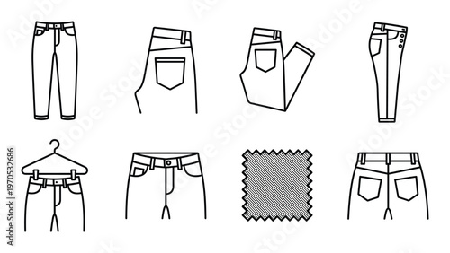 Set of jeans and clothing icons, linear style, black outline isolated on transparent background