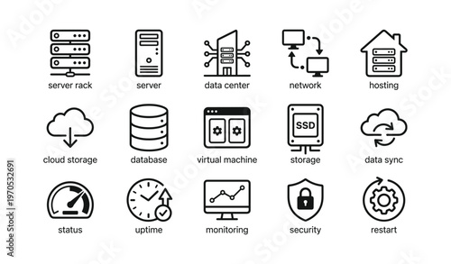 Data center icons: server rack, cloud storage, security monitoring illustrations