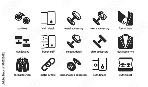 Elegant cufflink collection with shirt and business wear accessories icons