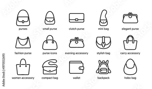 Various purses and bags illustration with styles and types labeled
