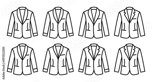 Set of suit jacket line icons featuring various lapel styles like notch peak and shawl for men wear