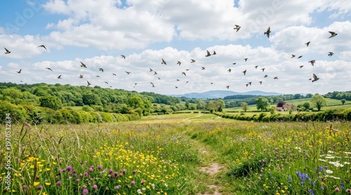 Birds flying over green meadow.