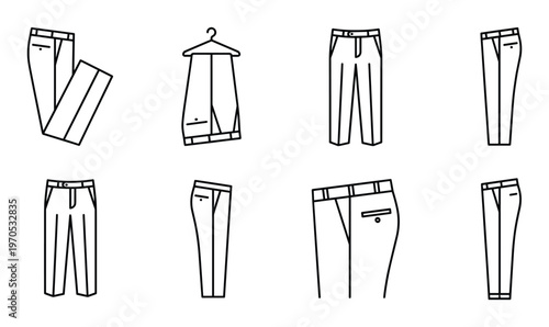 Set of men's trousers and pants icons, linear style, black outline isolated on transparent background