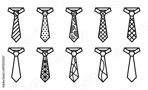 Set of ten different men's ties. neckwear, fashion accessory, vector outline illustration