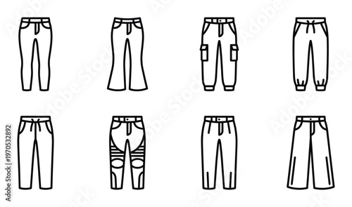 Set of various pants and trousers line icons including jeans cargo sweatpants and wide leg designs