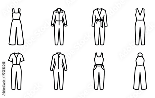 Foto Set of woman jumpsuit line icons featuring various styles for fashion design and