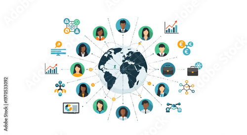Global Business Network with Diverse Professionals Connected Worldwide, Illustrating Communication and Technological Integration
