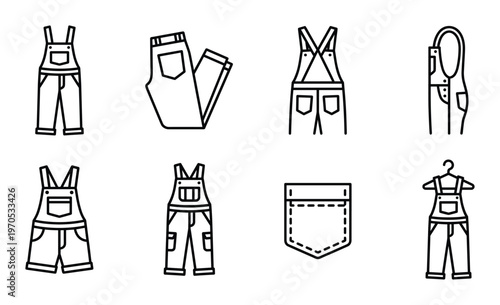 Variety of denim overalls and jeans icons including back views side profiles and hanging garments