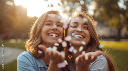 Cheerful best friends smiling with eyes closed while playing with confetti during a beautiful sunset outdoors.