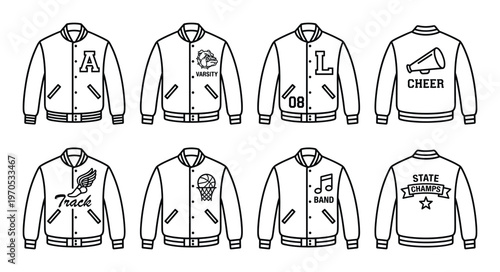 Varsity jacket collection with sports emblems and school letters, black outline graphics