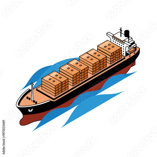 Cargo Ship Carrying Containers on Water, Isometric View.