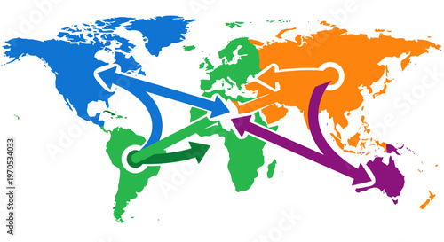 Global connectivity illustrated by arrows showing international travel routes across continents on a world map