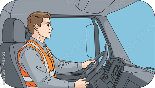 Truck Driver in Safety Vest, Driving Heavy Vehicle, Professional Transportation and Logistics Concept