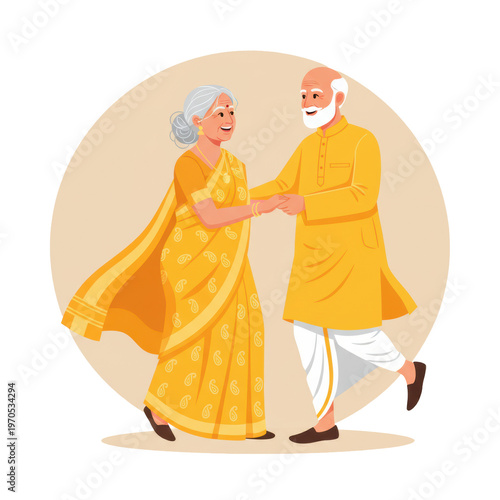 Elderly indian couple in traditional yellow clothes dancing joyfully against a beige circular backdrop with vibrant colors and a heartwarming celebratory mood