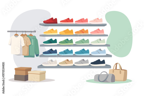 Modern Fashion Store Interior with Colorful Sneakers and Clothes