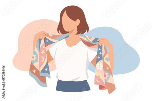 Woman Styling a Patterned Silk Scarf Fashion Illustration