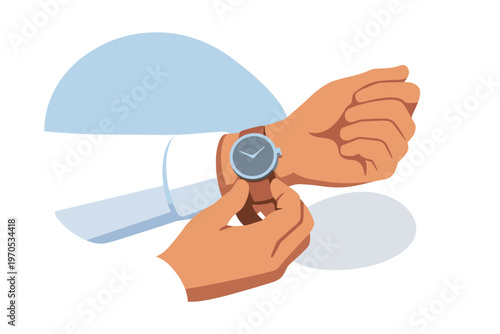 Man adjusting wrist watch flat vector illustration