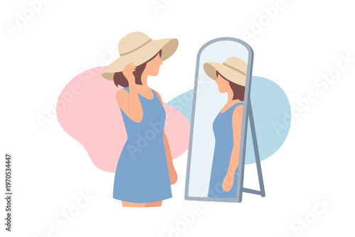 Woman in blue dress and sun hat looking in the mirror