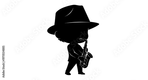 Chibi Jazz Musician Silhouette Vector Illustration with Fedora Hat Playing Saxophone, Black and White Minimalist Cartoon Graphic for Music and Entertainment Design