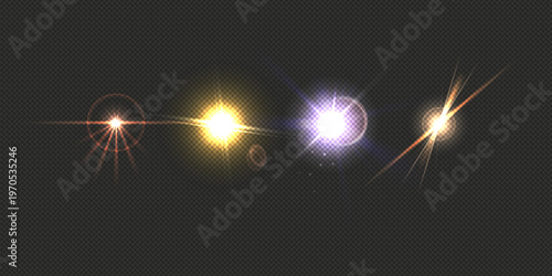 Golden lens flare light effect set with sun flash rays spotlight and bokeh isolated on transparent background radiant glow overlay for luxury visual design