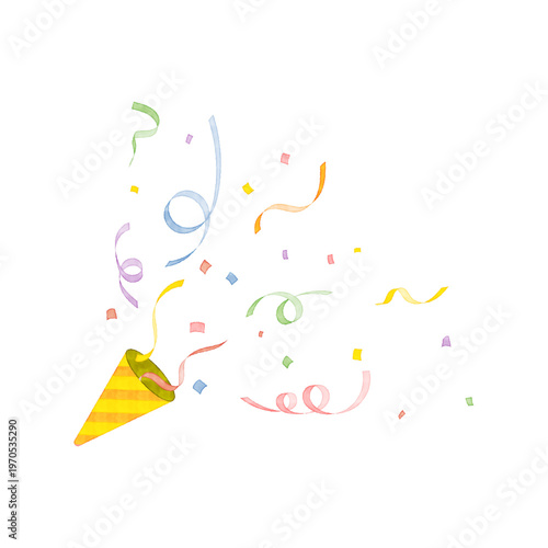 Watercolor party popper with bursting confetti and ribbons festive event illustration