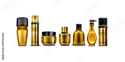 Golden cosmetics product mockup set with bottle tube and plastic containers including cream jar spray oil lotion shampoo gel shower and liquid soap premium beauty packaging design