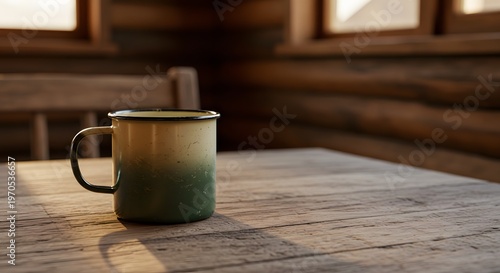 Enameled mug atop a wooden table in a rustic log cabin setting
