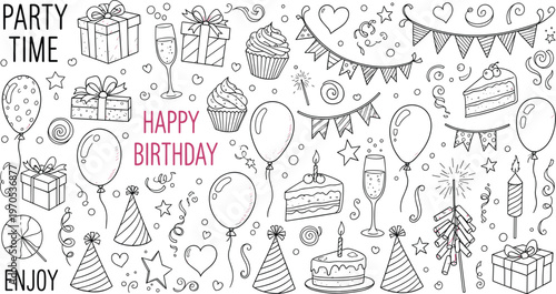 Birthday Party Icons Set, Gifts, Balloons, Cake, Celebration Decorations for Party Time and Festive Occasions